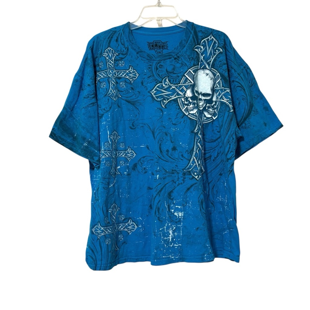 MMA Elite Men’s 2XL Blue Black Skull Cross Print Tee Shirt Grunge Punk Cybergoth